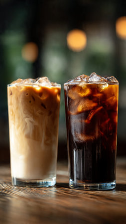 Iced coffee with ice cubes in a glass on a wooden table