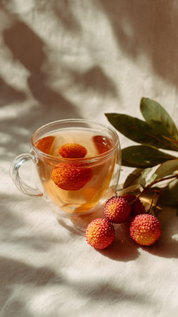 Tea in a glass cup on a light background.の写真素材