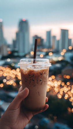 Iced coffee with milk in hand on the background of the city.の写真素材