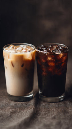Iced coffee in a tall glass with ice cubes on a dark background