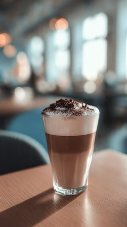 Hot chocolate in a glass on a table in a coffee shop.の写真素材