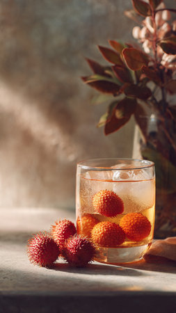 Lychee juice in a glass on a gray background, selective focus