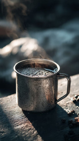Hot coffee in a metal mug on a wooden table in the sunlightの写真素材