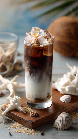 Glass of iced coffee with ice cubes and seashells on wooden board