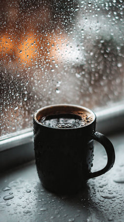 Coffee cup with rain drops on the window, stock photoの写真素材