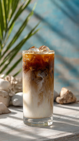 Iced coffee in glass with ice cubes on wooden table, closeup