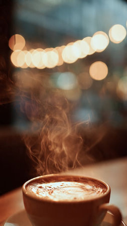 Coffee cup in coffee shop with bokeh background.の写真素材