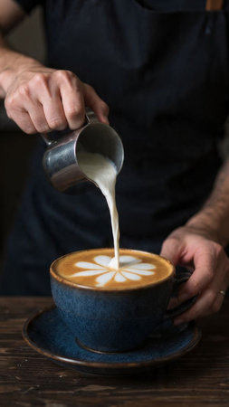 Barista pouring milk into a cup of coffee latte art.