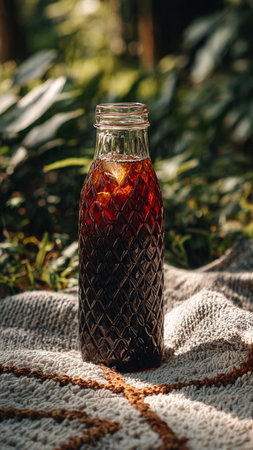 Glass bottle of cola with ice cubes on a plaid in the garden
