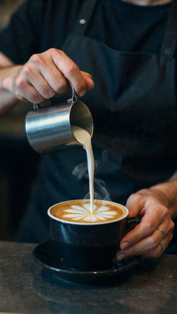 Barista pouring milk in a cup of cappuccino coffeeの写真素材