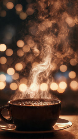 Cup of coffee with bokeh lights on the background.の写真素材