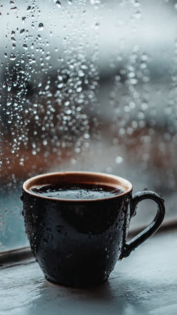 Cup of coffee with rain drops on the window in rainy dayの写真素材