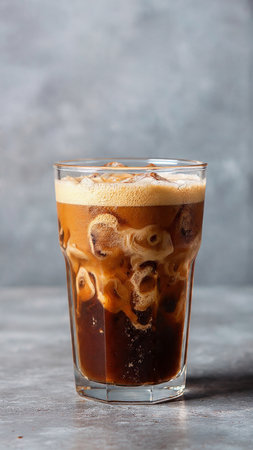 Iced coffee in a tall glass on a gray background, selective focus.