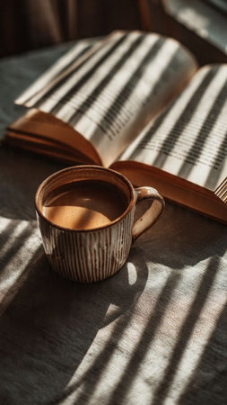 Cup of coffee and book on wooden table in morning sunlight.の写真素材
