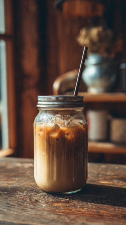 Iced coffee in a glass jar with straw on the wooden tableの写真素材