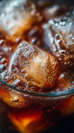 Cola with ice cubes in a glass on a dark background close upの写真素材