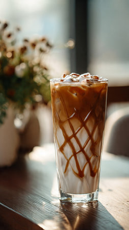 Iced coffee with caramel in a tall glass on the table.の写真素材
