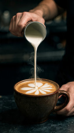 Barista pouring milk into a cup of latte art coffee.の写真素材