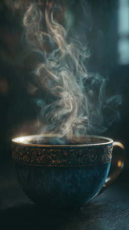 Beautiful cup of coffee with smoke on a dark background. Selective focus.の写真素材