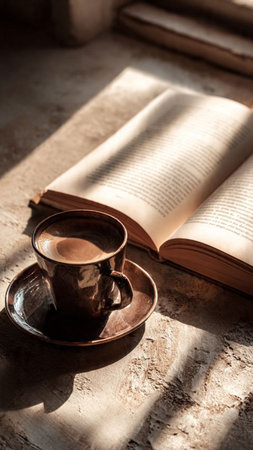 Cup of coffee and book on table in sunlight. Selective focus.の写真素材