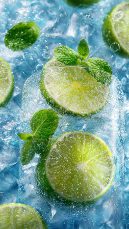 Mojito cocktail with lime, mint and ice on blue backgroundの写真素材