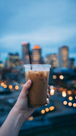 Iced coffee in hand on the background of the night city.の写真素材
