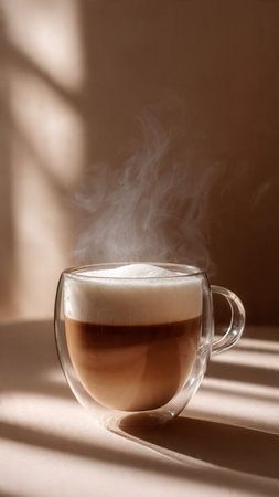 Cup of cappuccino with steam on beige backgroundの写真素材