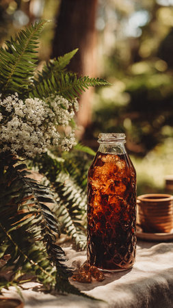 Iced tea in a glass bottle on the background of greenery