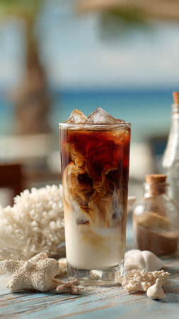 Iced coffee with ice cubes on a wooden table near the sea