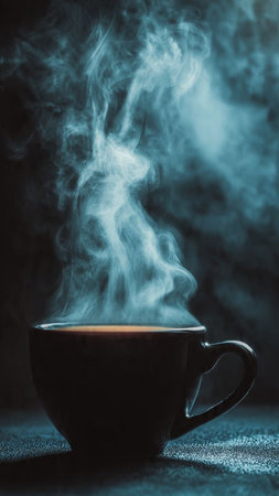 Cup of hot coffee with smoke on dark background. Selective focusの写真素材