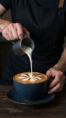 Barista making cappuccino with latte art on wooden background