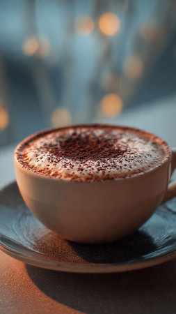 Cappuccino with cocoa powder on the table in the cafe