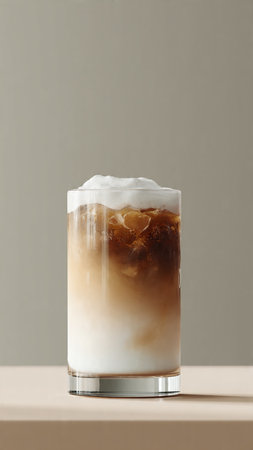 Iced coffee in a tall glass with ice cubes on a gray background