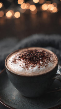 Cappuccino with whipped cream and chocolate on a dark backgroundの写真素材