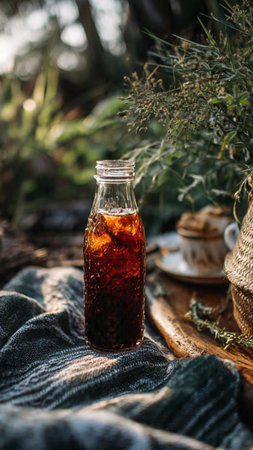 Iced cola in a glass bottle on a wooden table.の写真素材