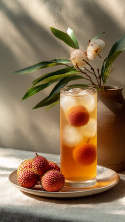 Lychee juice in a glass with ice cubes on a light backgroundの写真素材