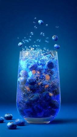 Blueberry fruit splashing into a glass of water on blue backgroundの写真素材