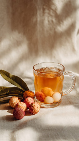 Litchi tea in a glass cup on a light background.の写真素材