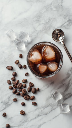 Glass of coffee with ice cubes and coffee beans backgroundの写真素材
