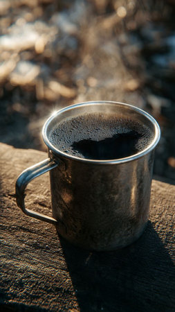 Coffee cup on the wooden table in the garden. Selective focus.の写真素材