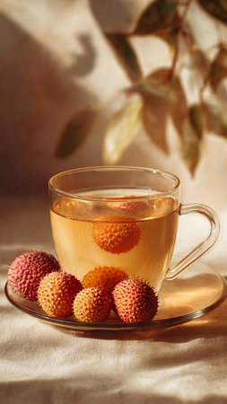 Cup of tea with litchi fruits on table, closeupの写真素材