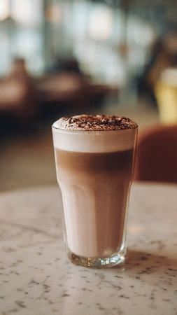 Coffee latte in a glass on the table in coffee shop
