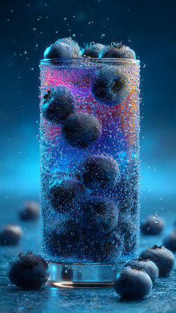 Blueberry drink with ice cubes and blueberries on blue background.の写真素材