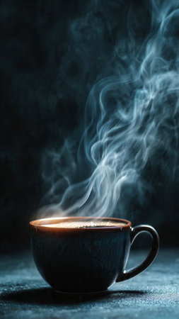 Cup of coffee with smoke on dark background. Selective focusの写真素材