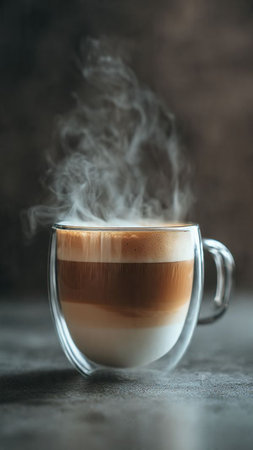 Coffee cup with milk foam and steam on dark background.の写真素材