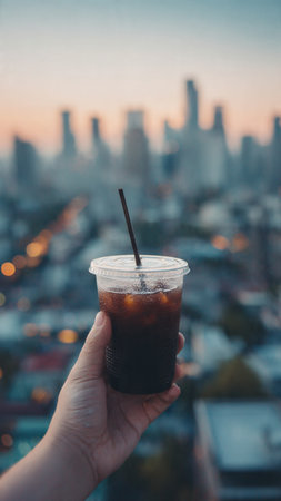 Woman hand holding iced americano coffee with blur cityscape backgroundの写真素材