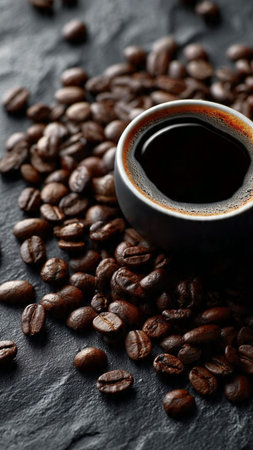 Cup of coffee with roasted beans on dark background, closeup