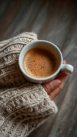 Female hands in a knitted sweater holding a cup of coffee.の写真素材
