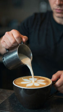 Barista pouring milk into a cup of coffee latte art.