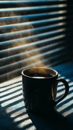 Cup of coffee on a window sill in the rays of sunlightの写真素材